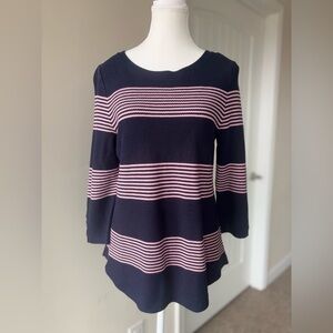TALBOTS Women’s Navy Pink Stripe Sweater Top. Size M. 3/4 Sleeve. Cotton Rayon